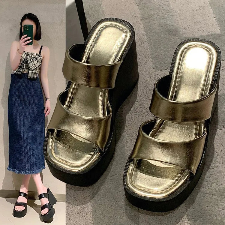 Women's black wedge platform slippers with square toe and 1-inch heel