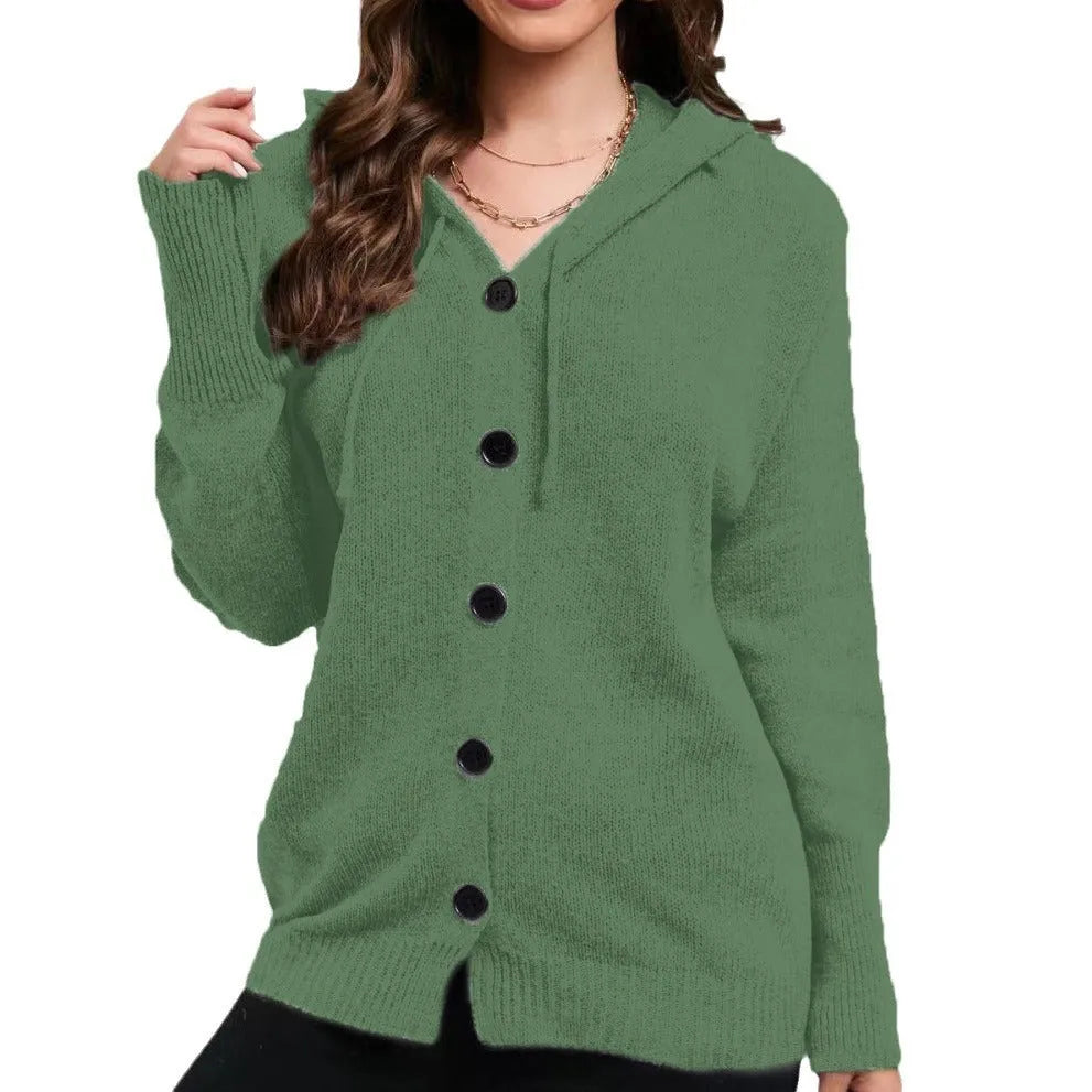 Women's zip-front hooded cardigan sweater in thick cotton fabric, loose fit with long sleeves