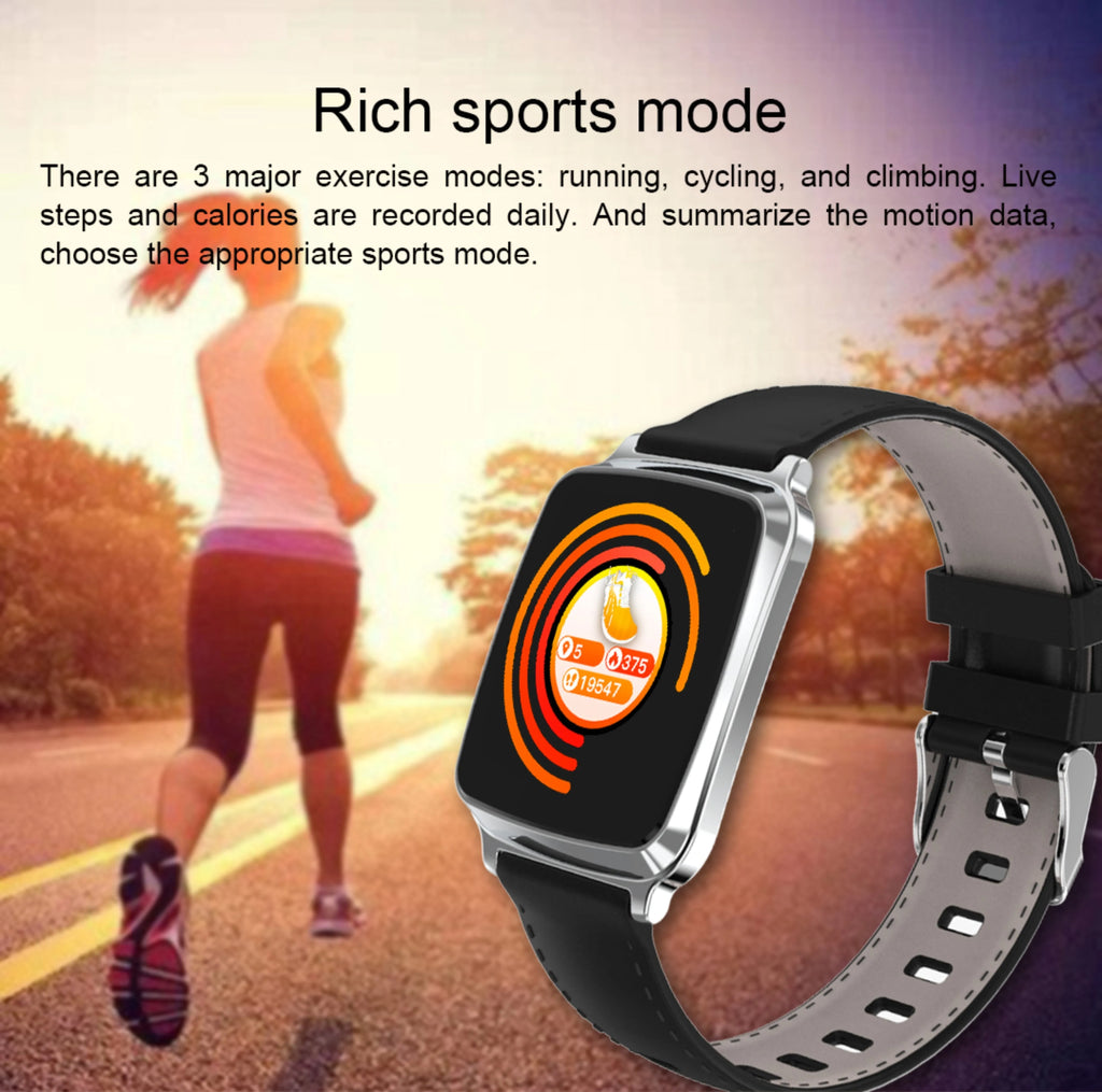 M8 smart bracelet in black showing zinc alloy body and touch screen on a wrist.