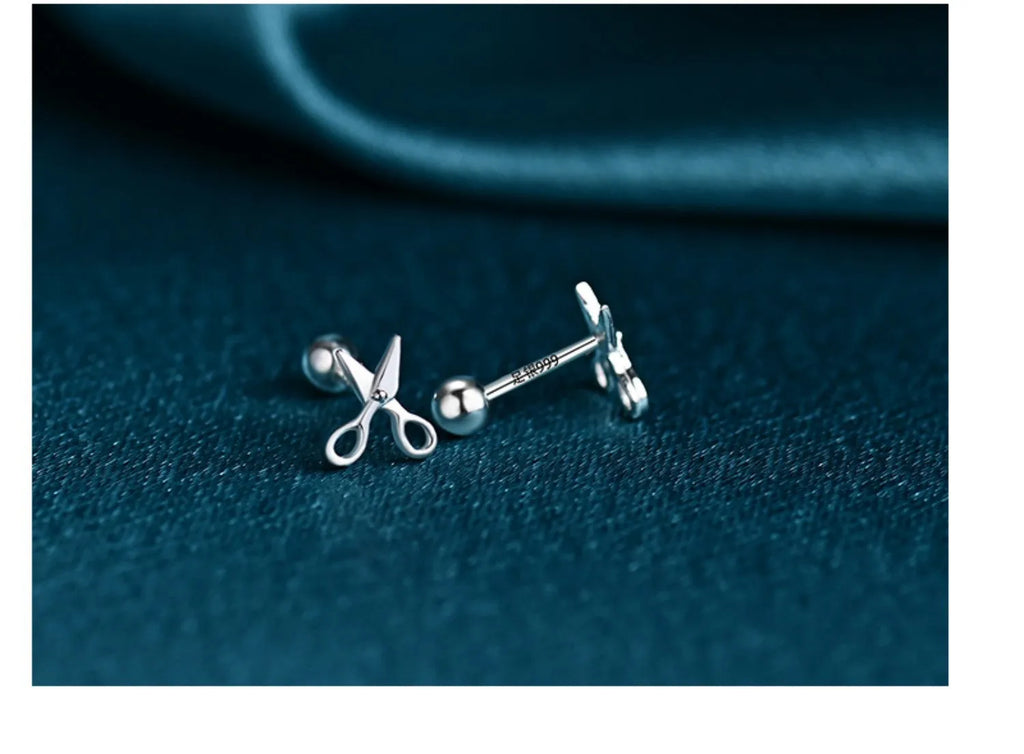 S999 pure silver screw style ear nails with mini scissors design for women