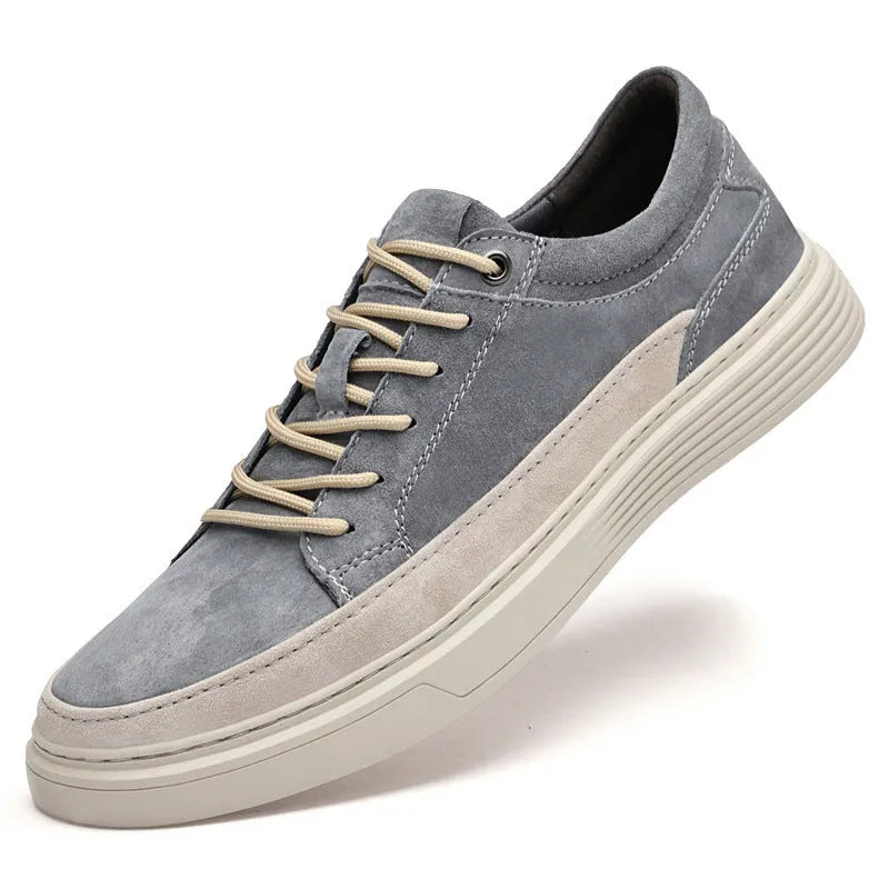 Men's grey casual leather skate shoes with rubber sole and round toe design