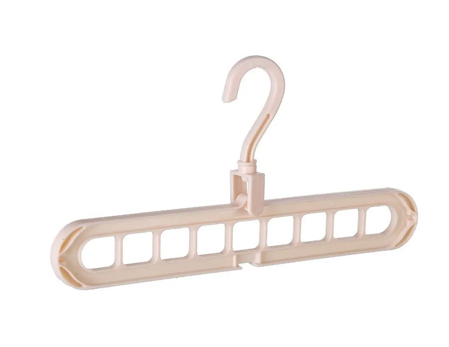 Plastic clothes hanger with a rotating hook in assorted colours on a white background.