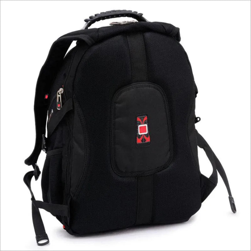 Black business computer backpack showing three compartments and side mesh pockets