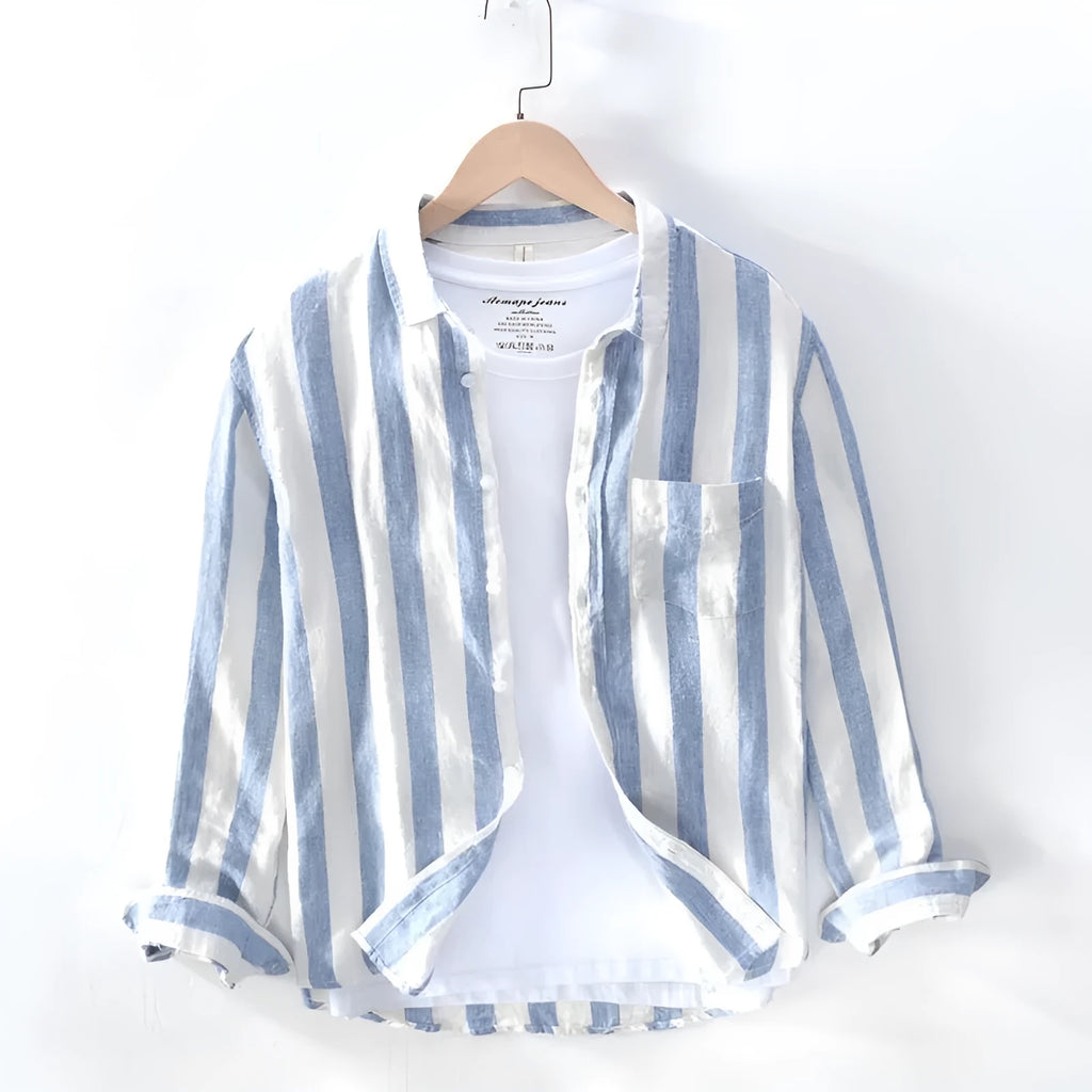 Men's blue Hong Kong style loose fit long sleeve shirt with thin polyester construction