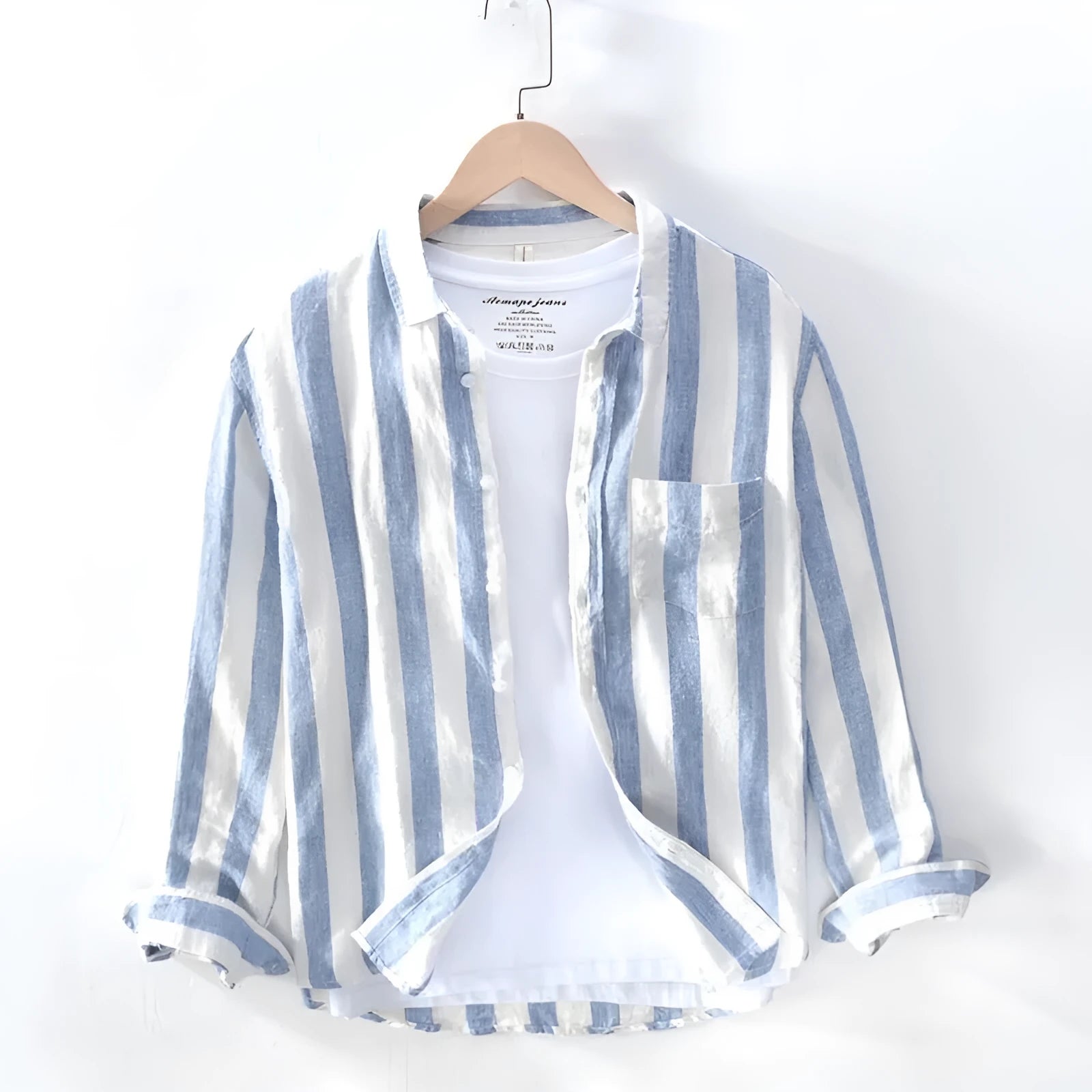 Men's blue Hong Kong style loose fit long sleeve shirt with thin polyester construction