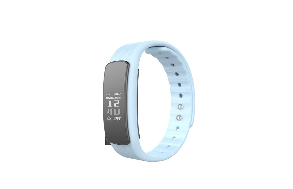 I6 smart sports bracelet in black or green on a wrist, showing its 0.96-inch colour touch screen.