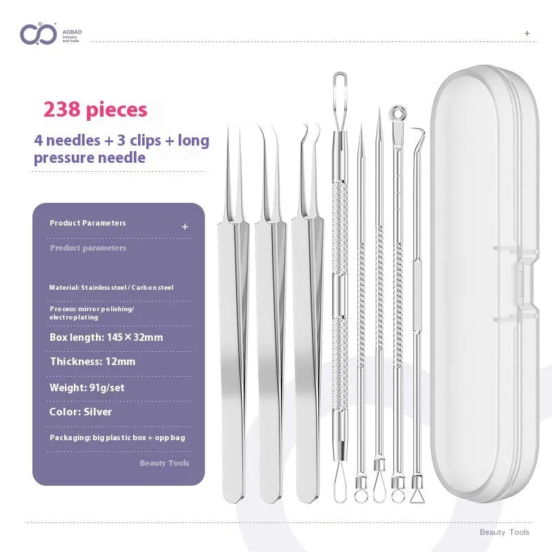 Four silver metal acne needles with fine pointed tips for blackhead removal.