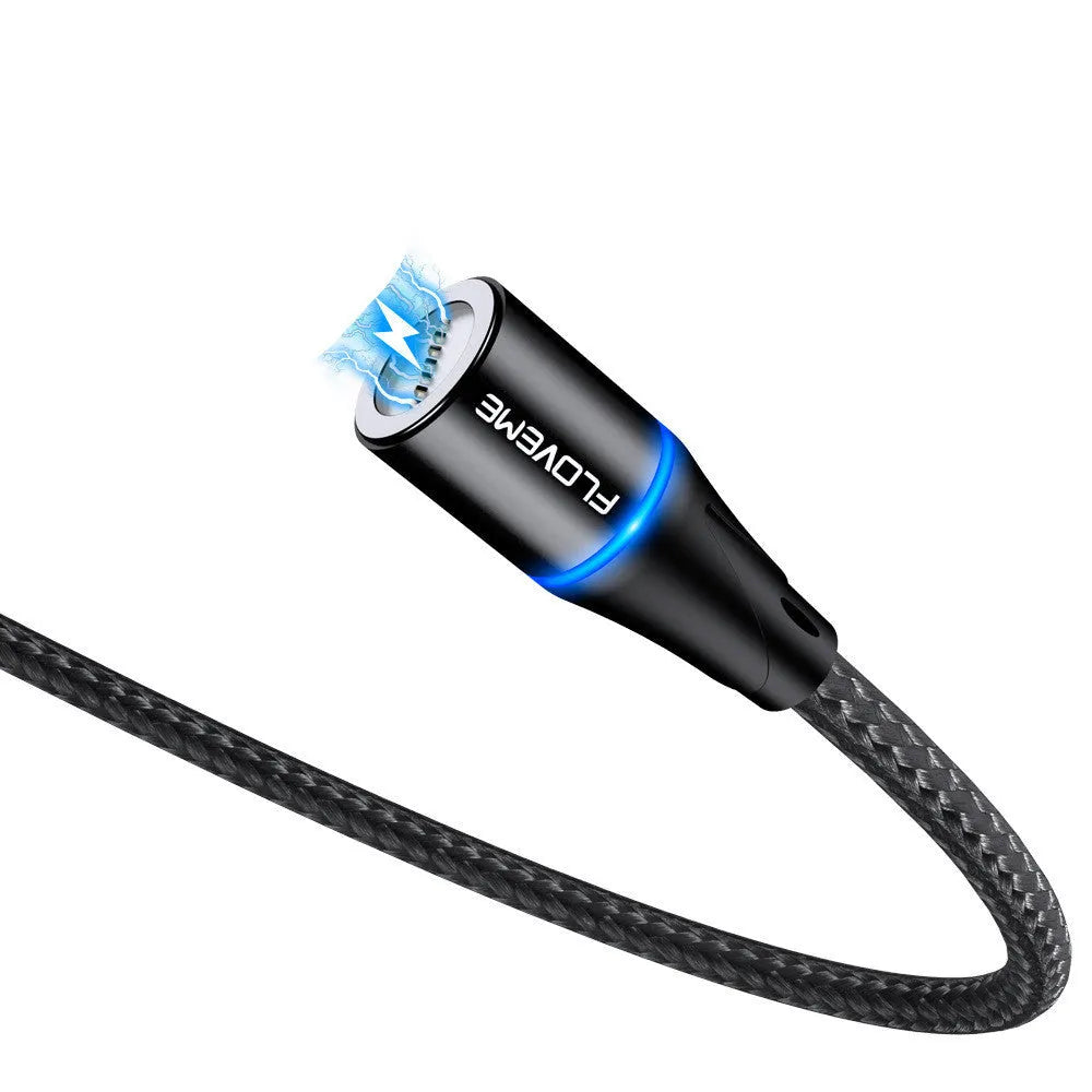 Black magnetic fast-charge data cable with glowing side lights next to a smartphone.