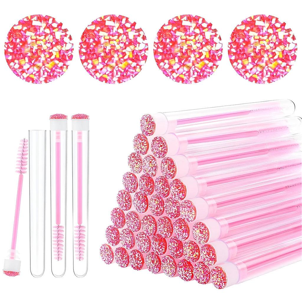 Disposable eyelash and mascara brushes in transparent plastic tubes with spiral brush heads