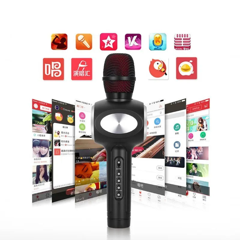 Yaerjia E108 mobile microphone in black, gold, or pink with capacitive pickup and built-in speaker