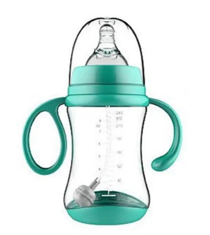 BPA-free PP baby feeding bottle with double handle and wide caliber, available in 180mL, 240mL and 300mL