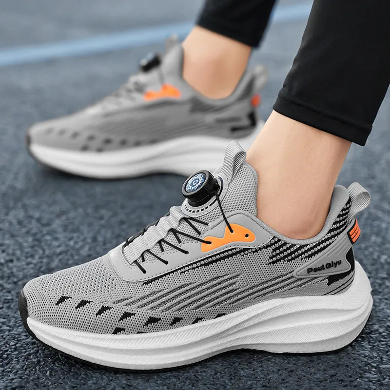 Men's rotating buckle fly-kit mesh casual sports running shoes in white green colour
