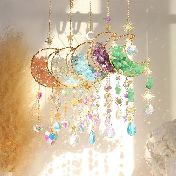 Moon shaped K9 crystal reflective car pendant hanging from rear view mirror available in multiple colours