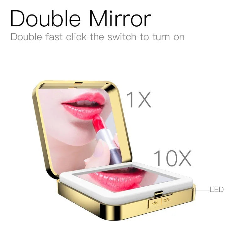 Black and white LED makeup mirror with dual surfaces including 4x magnification and adjustable lighting