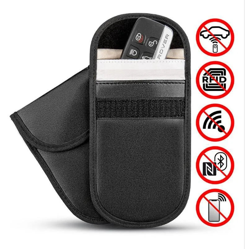 Black microfiber Faraday cage bag for blocking key fob and card signals, shown with dimensions 13.5cm by 9.5cm.