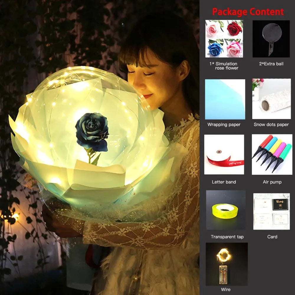 DIY LED luminous transparent balloon with artificial rose and lights inside for decoration.
