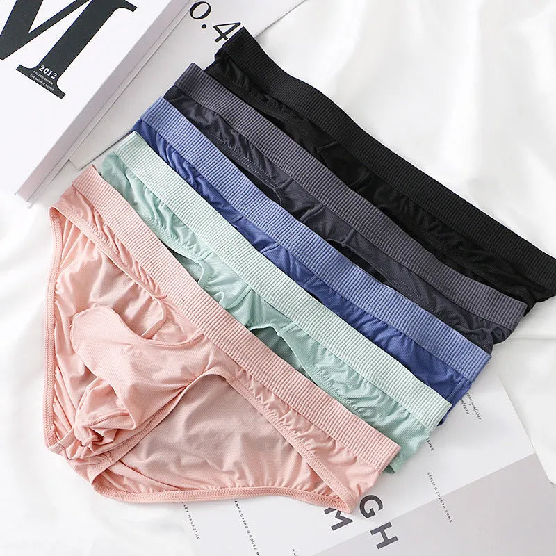 Men's low waist ice silk briefs in multiple colours showing the briefs style fit.