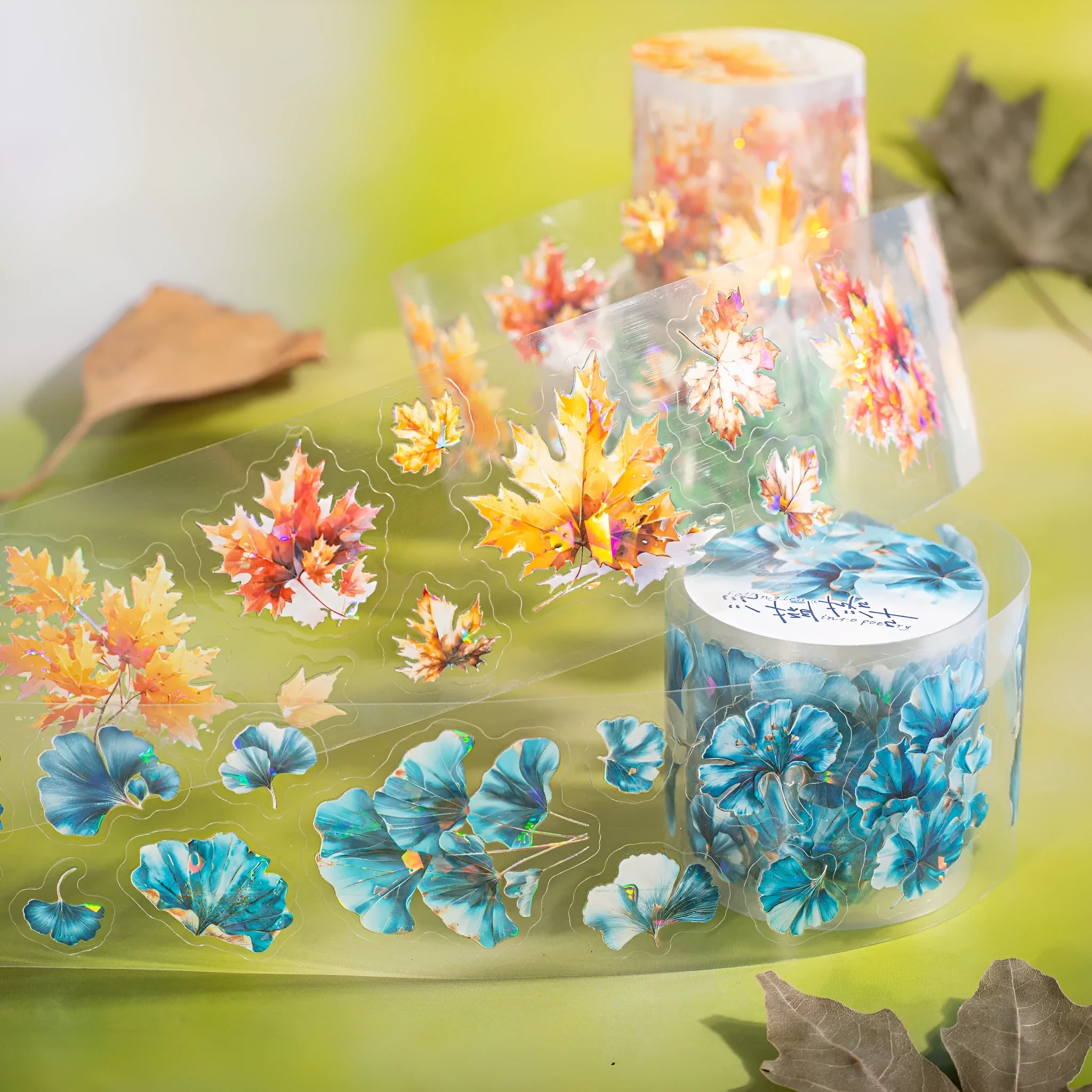 Deciduous Poetry Series decorative sticker roll showing six leaf patterns including ginkgo and maple designs