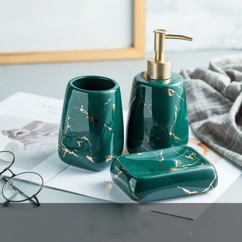 Ceramic bathroom wash set in black, blue, or white with a smooth porcelain finish and light luxury decal styling.