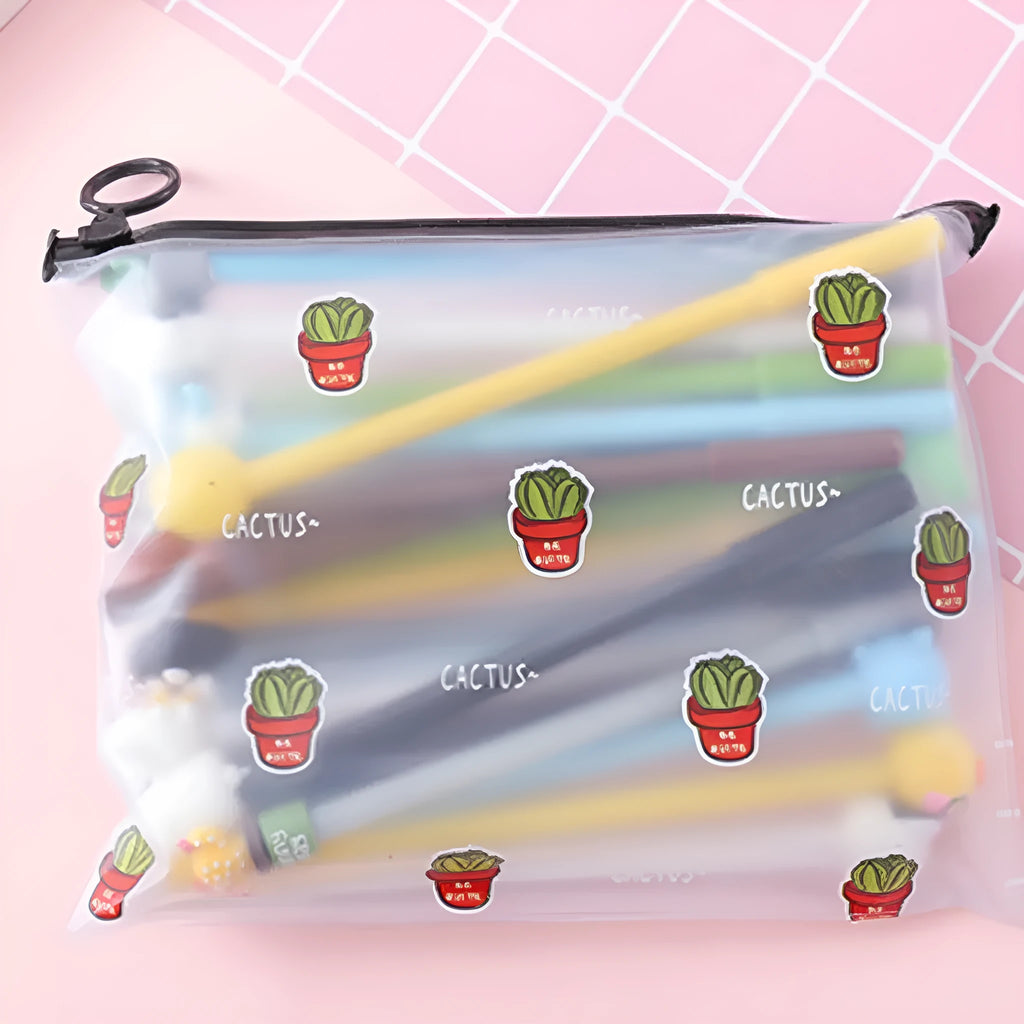Marvel series cartoon cactus pen set with 20 black 0.5mm pens in plastic case