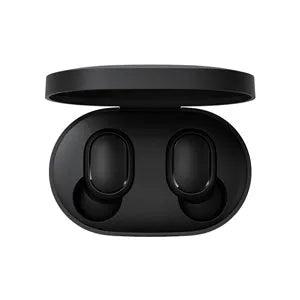 Redmi AirDots 2 black true wireless earbuds with charging case on a white background