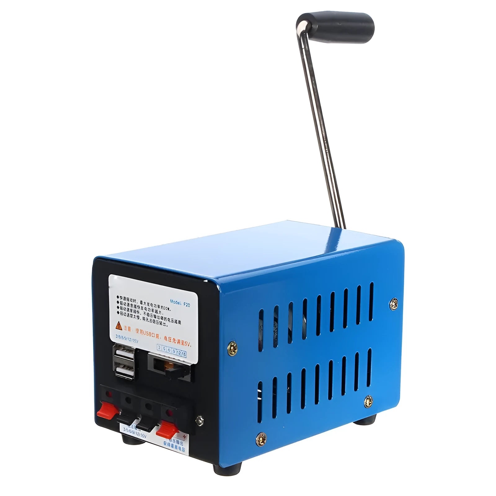 Blue metal hand crank generator with USB ports and adjustable voltage dial for emergency charging