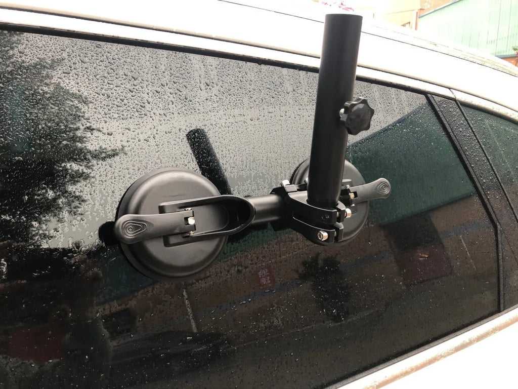 Black off-road car flagpole sucker base with round glass suction cup, showing ABS and rubber construction.