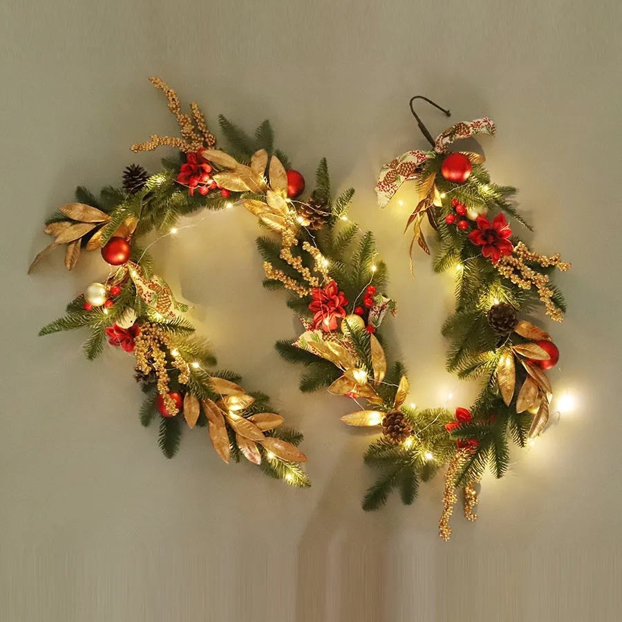 Christmas garland decoration with multiple hanging options including stair wall, lintel, and rattan placements