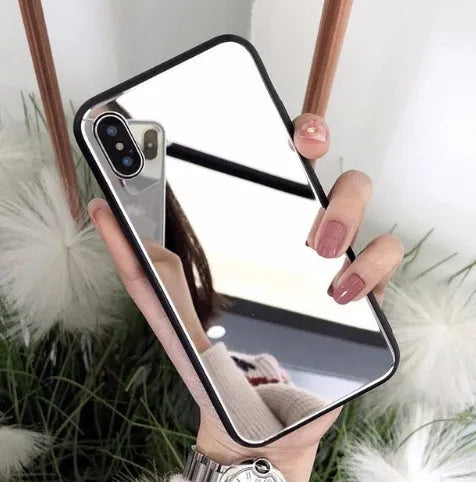 Black iPhone back cover case with a built-in mirror on the rear, compatible with multiple iPhone models.