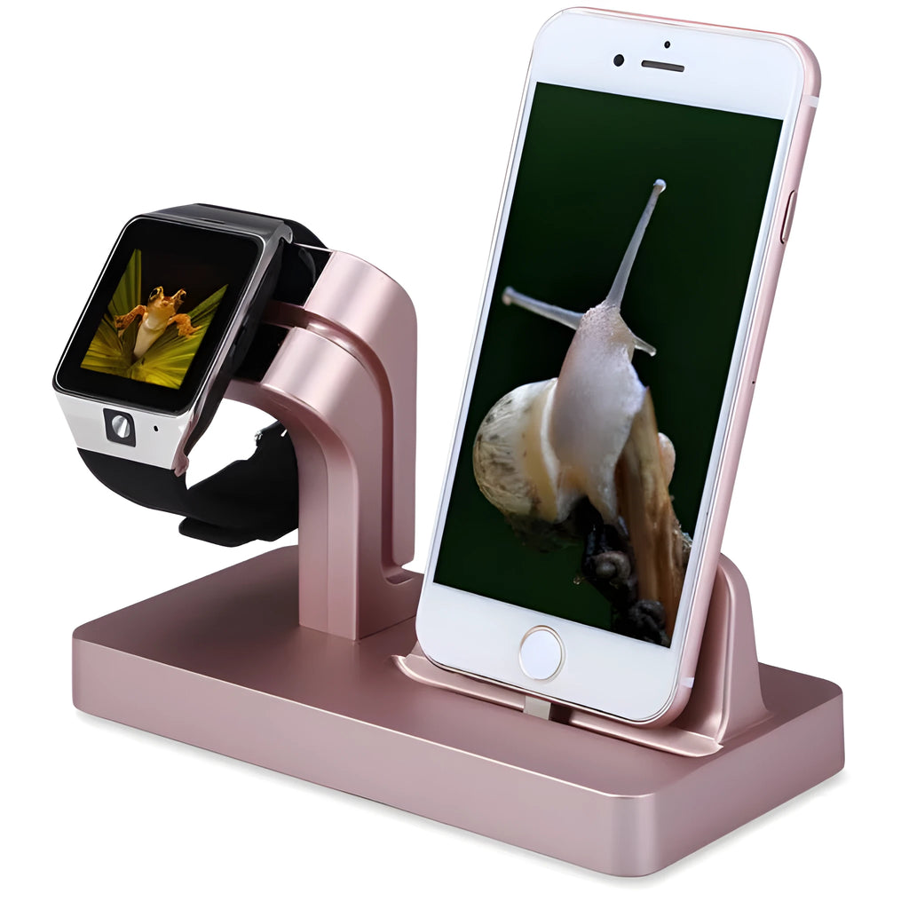 White 2-in-1 charging dock station holding an iPhone and an Apple Watch on a wooden desk.