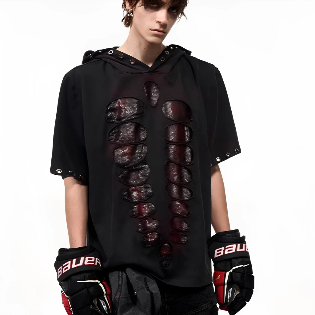 Men's black loose-fit short-sleeve T-shirt with a hood and sequin decoration