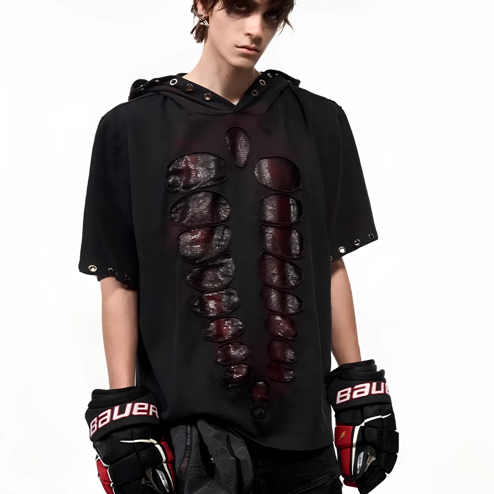 Men's black loose-fit short-sleeve T-shirt with a hood and sequin decoration