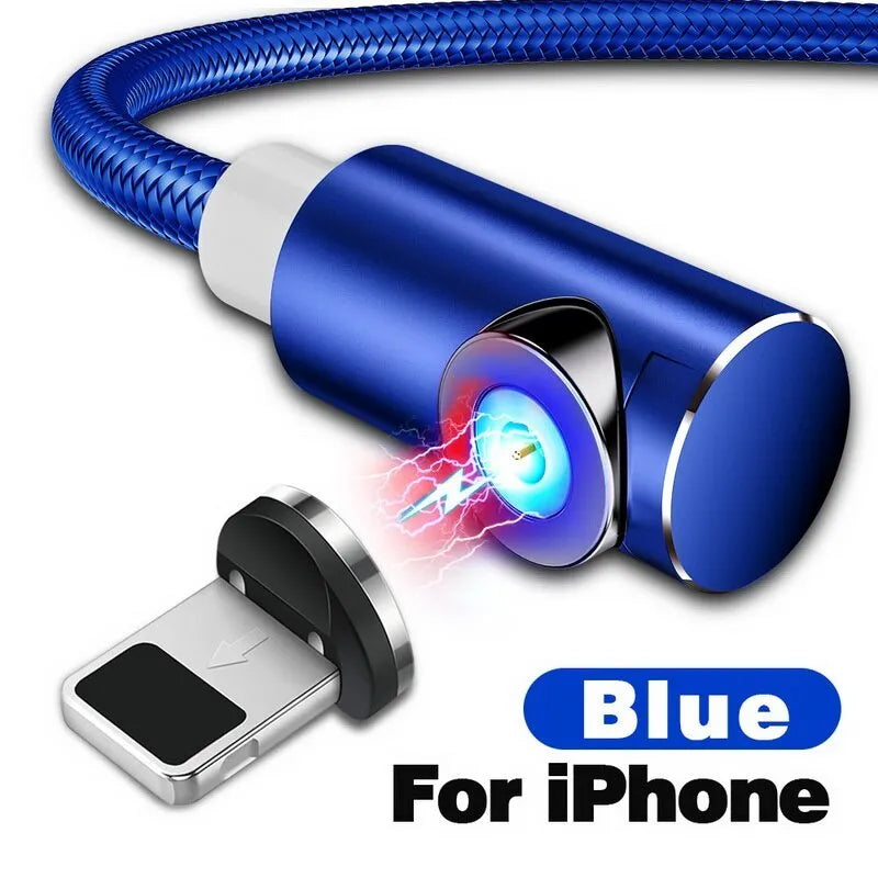 Magnetic charging cable with three interchangeable tips for Android, Apple and Type-C devices showing aluminium housing