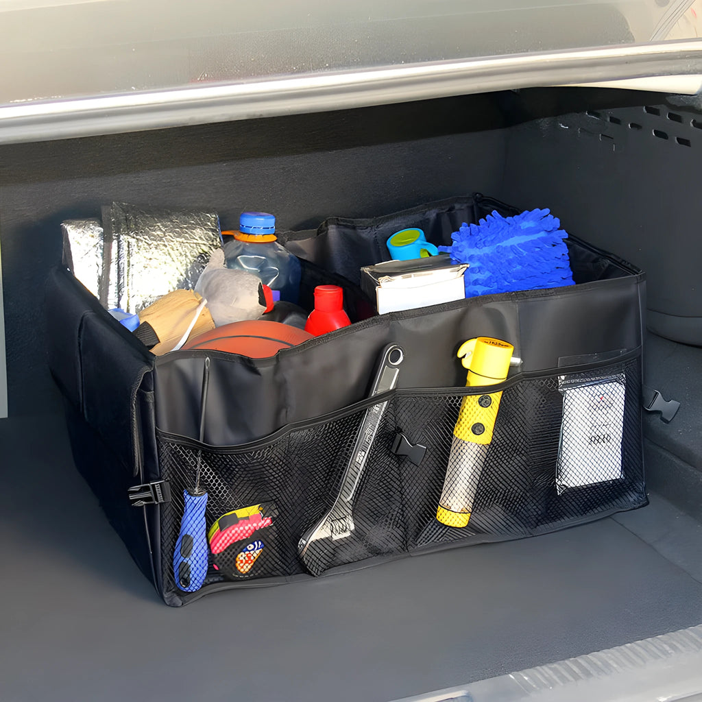 Black non-woven car storage can folded to 40cm long and 26cm wide for package organisation