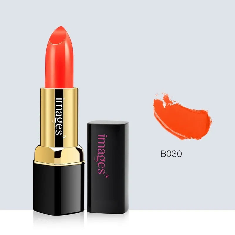 Moisturising lipstick lip gloss in a case showing colour range including coral red and pink.