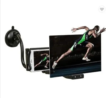 Black mobile phone screen magnifier with 12-inch acrylic lens on a folding, adjustable stand.