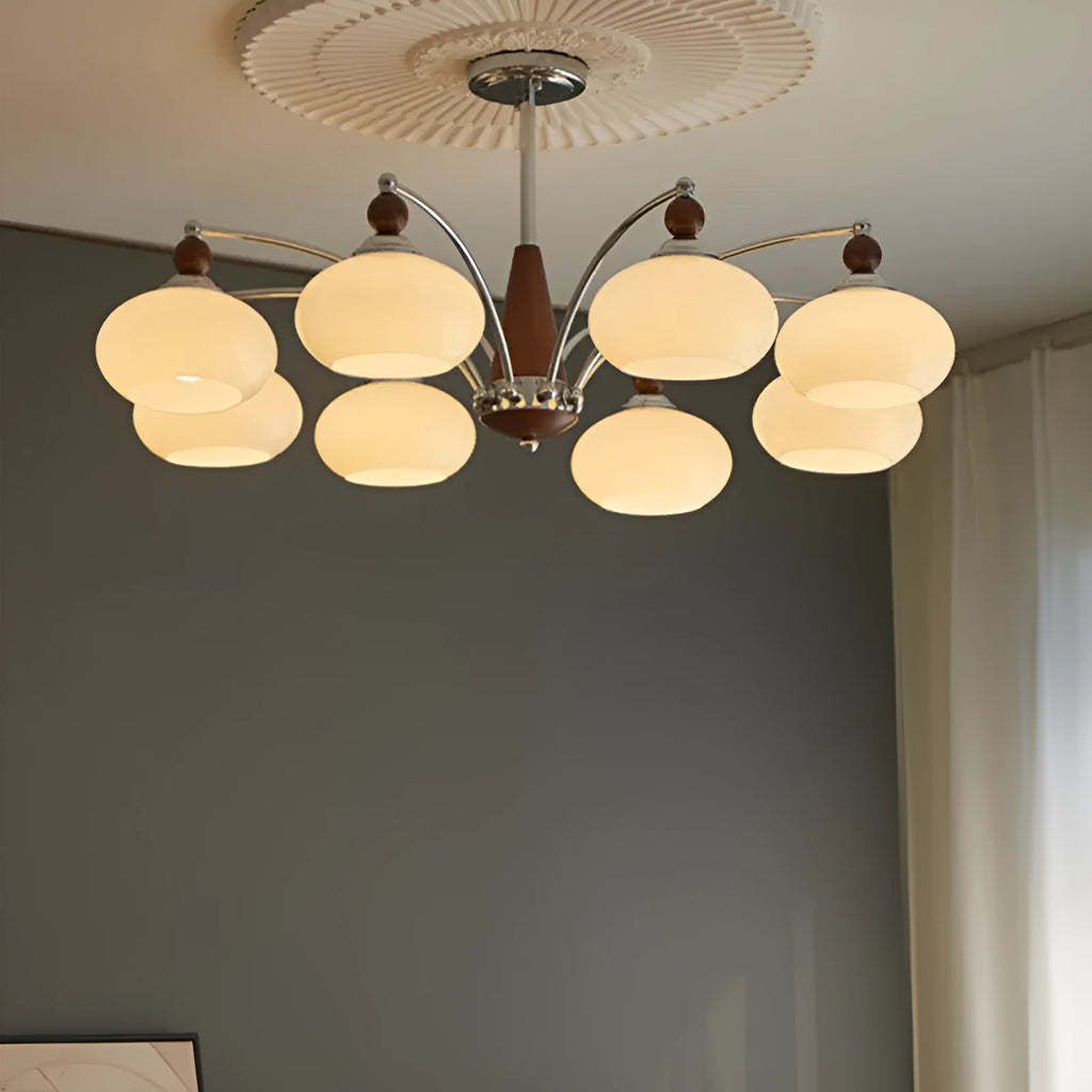 Persimmon glass and chrome chandelier with multiple light heads in Middle Ancient style