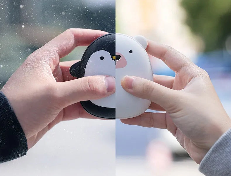 Cartoon penguin and polar bear USB rechargeable electric hand warmer showing dimensions