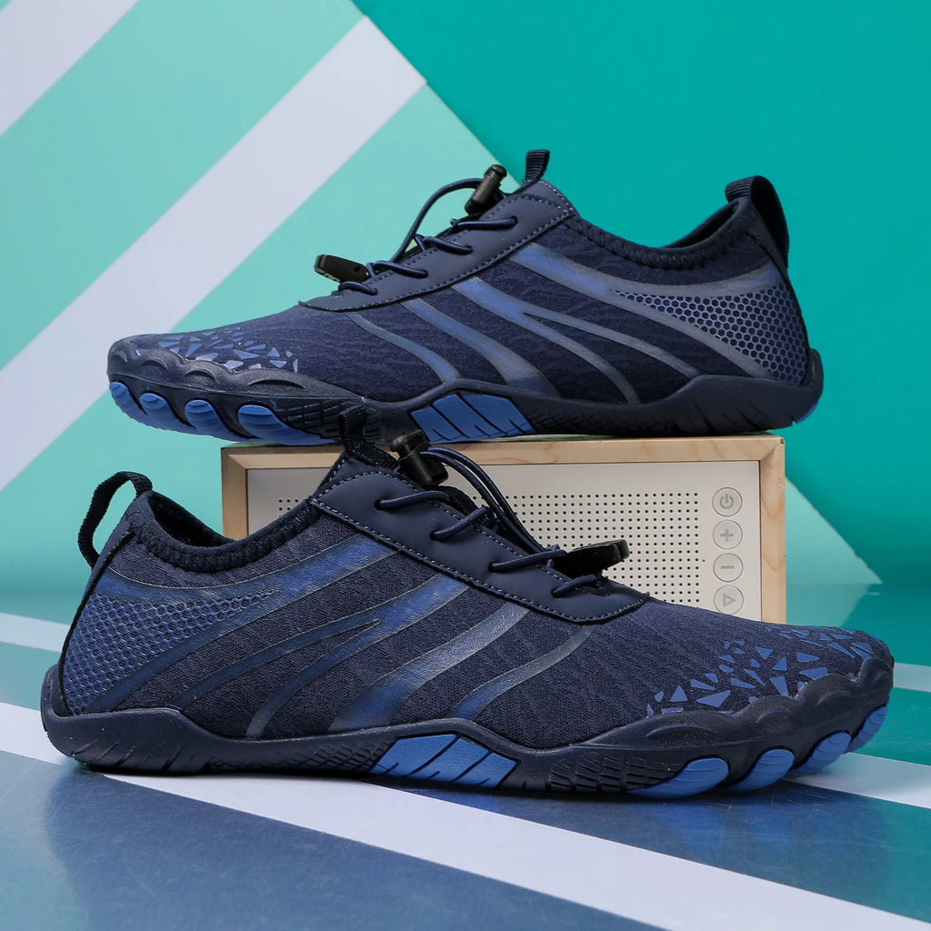 Beach running shoes with Lycra stretch fabric upper in various colours, showing casual design.