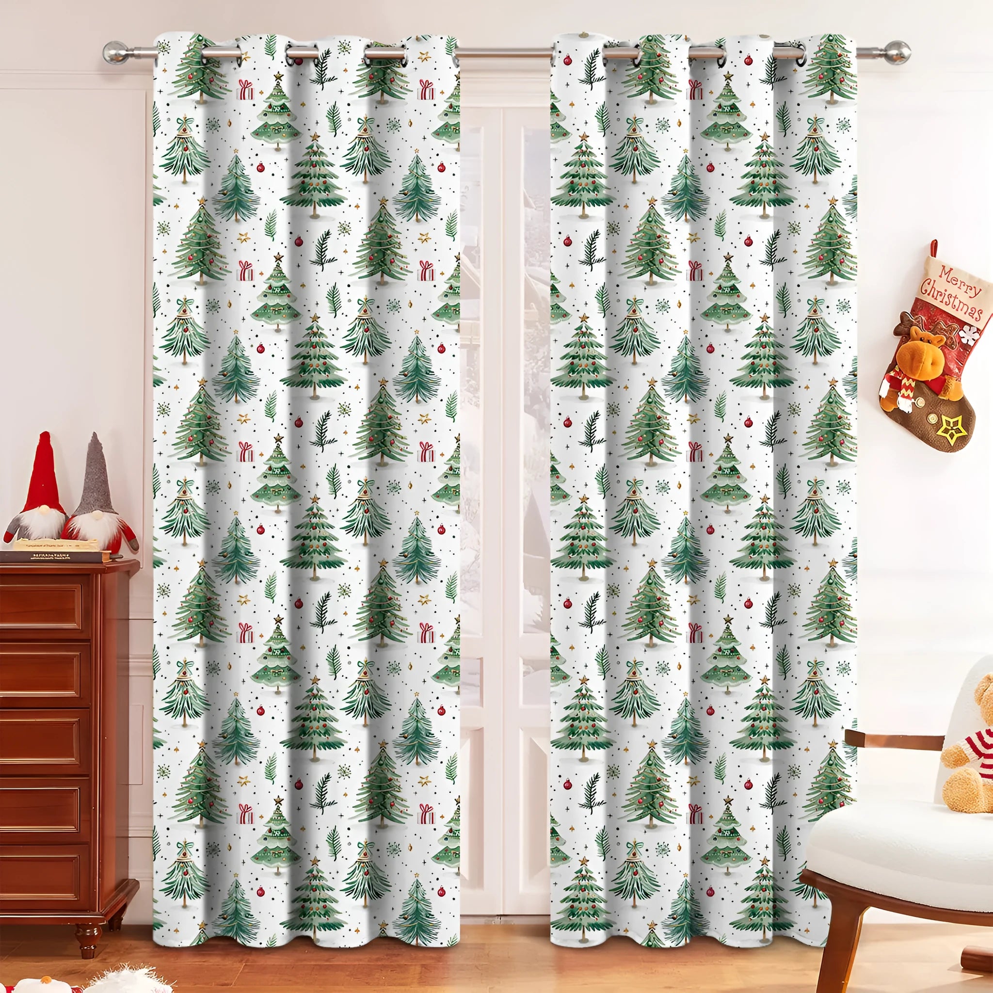 Polyester Christmas Forest pattern punching detail shading curtain in modern style