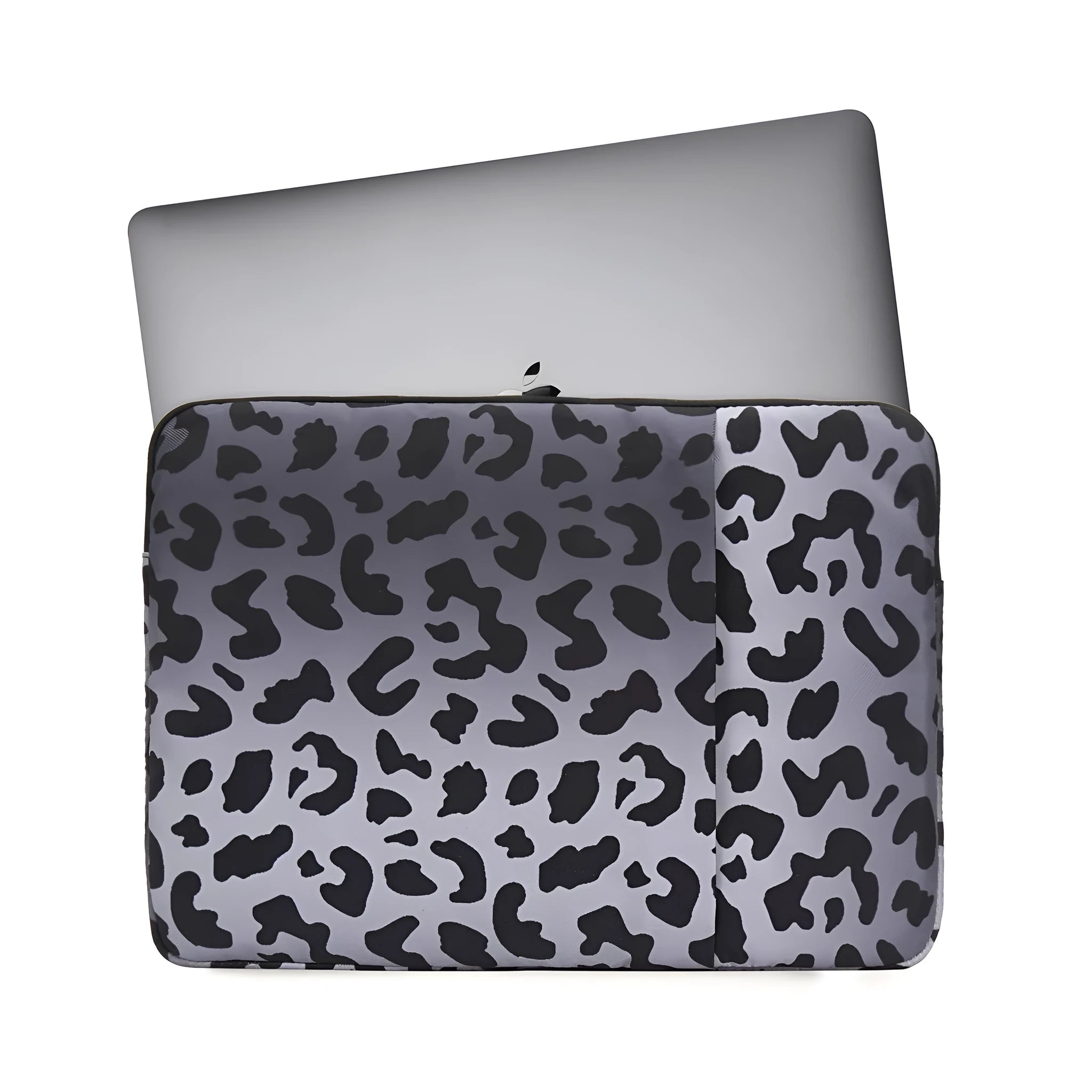 Leopard print laptop sleeve for 13-inch to 16-inch laptops with waterproof polyester and anti-shock protection