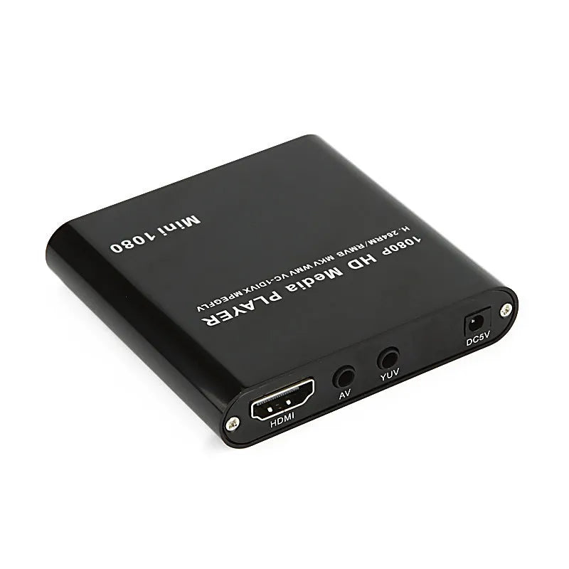 Compact black 1080P media player with HDMI USB SD ports and metal casing