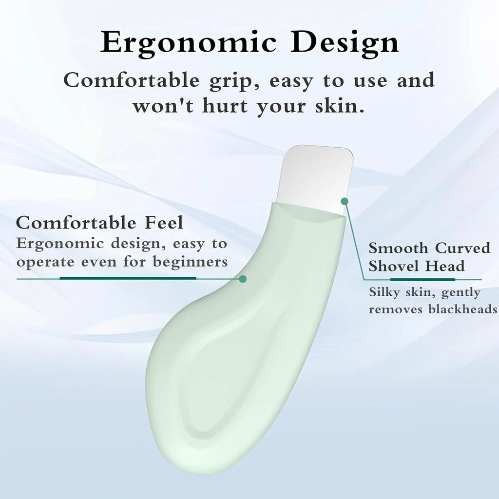 Green stainless steel facial pore scraper tool with a non-slip handle for blackhead removal.