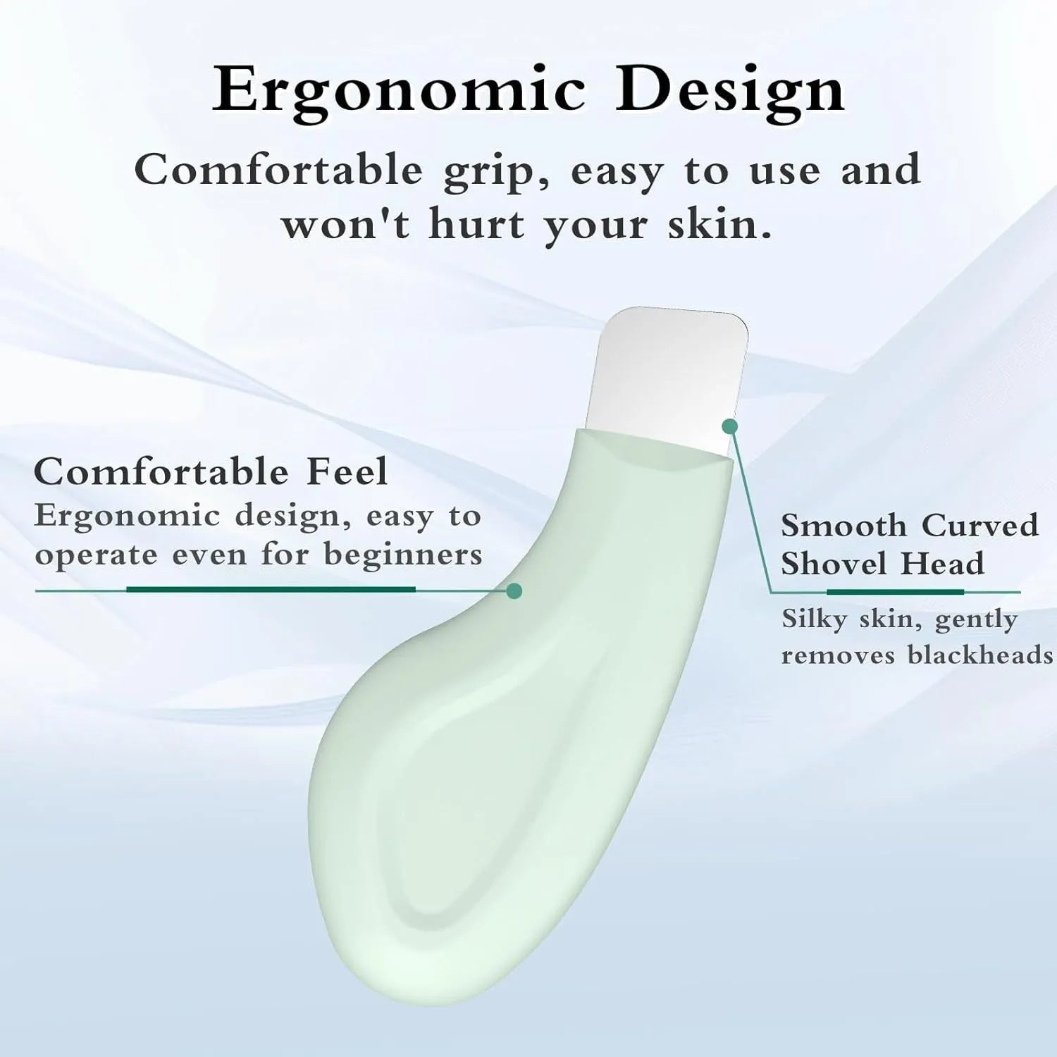 Green stainless steel facial pore scraper tool with a non-slip handle for blackhead removal.