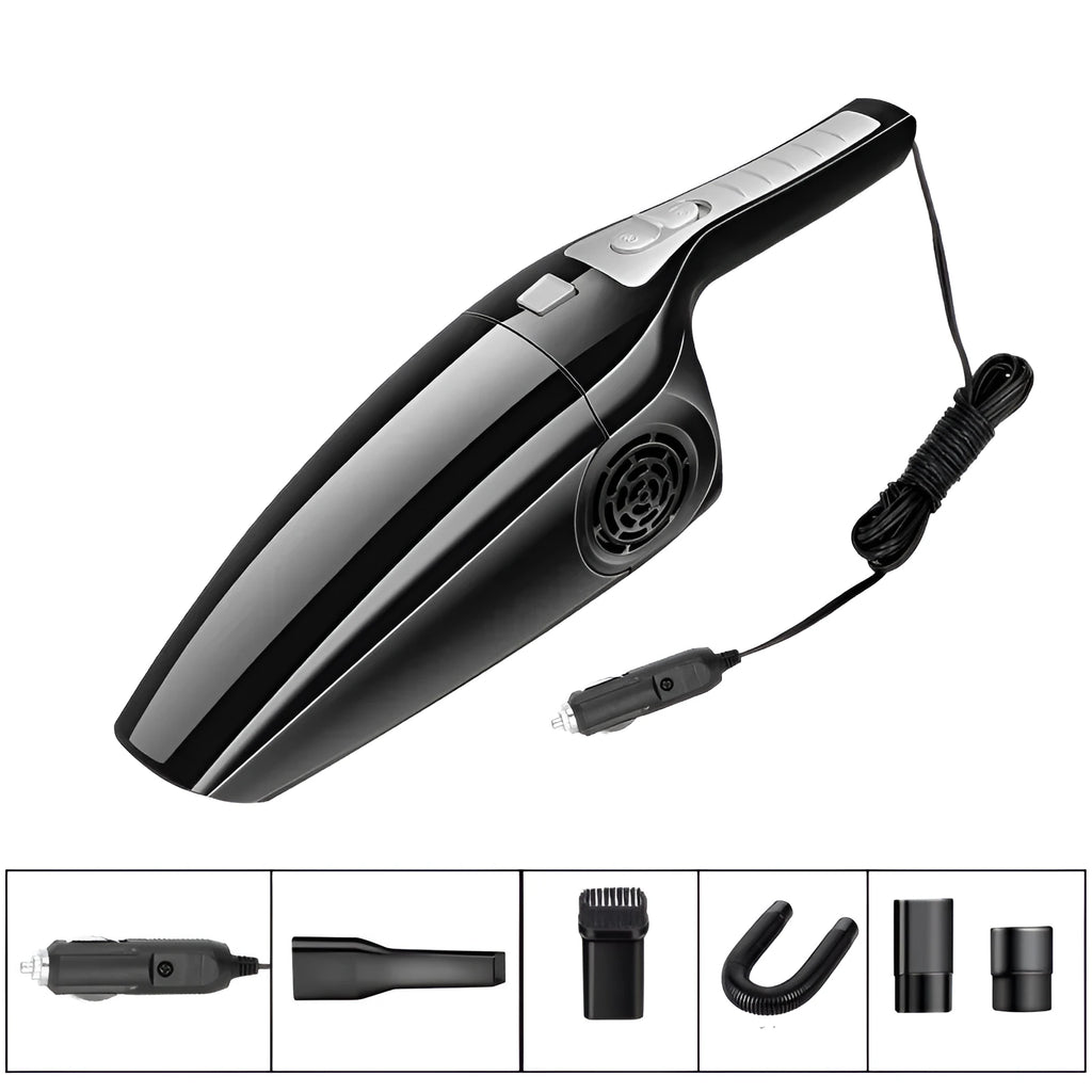 Black and orange car vacuum cleaner with cigarette lighter plug showing 120W power rating
