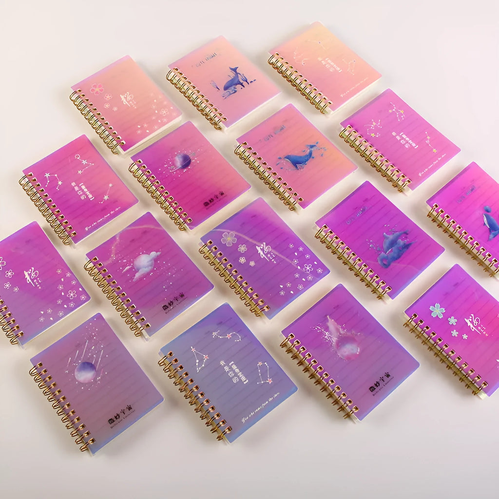 A7 rollover coil spiral notebook with PP plastic cover in Constellation, Sakura, Ocean, or Universe design.