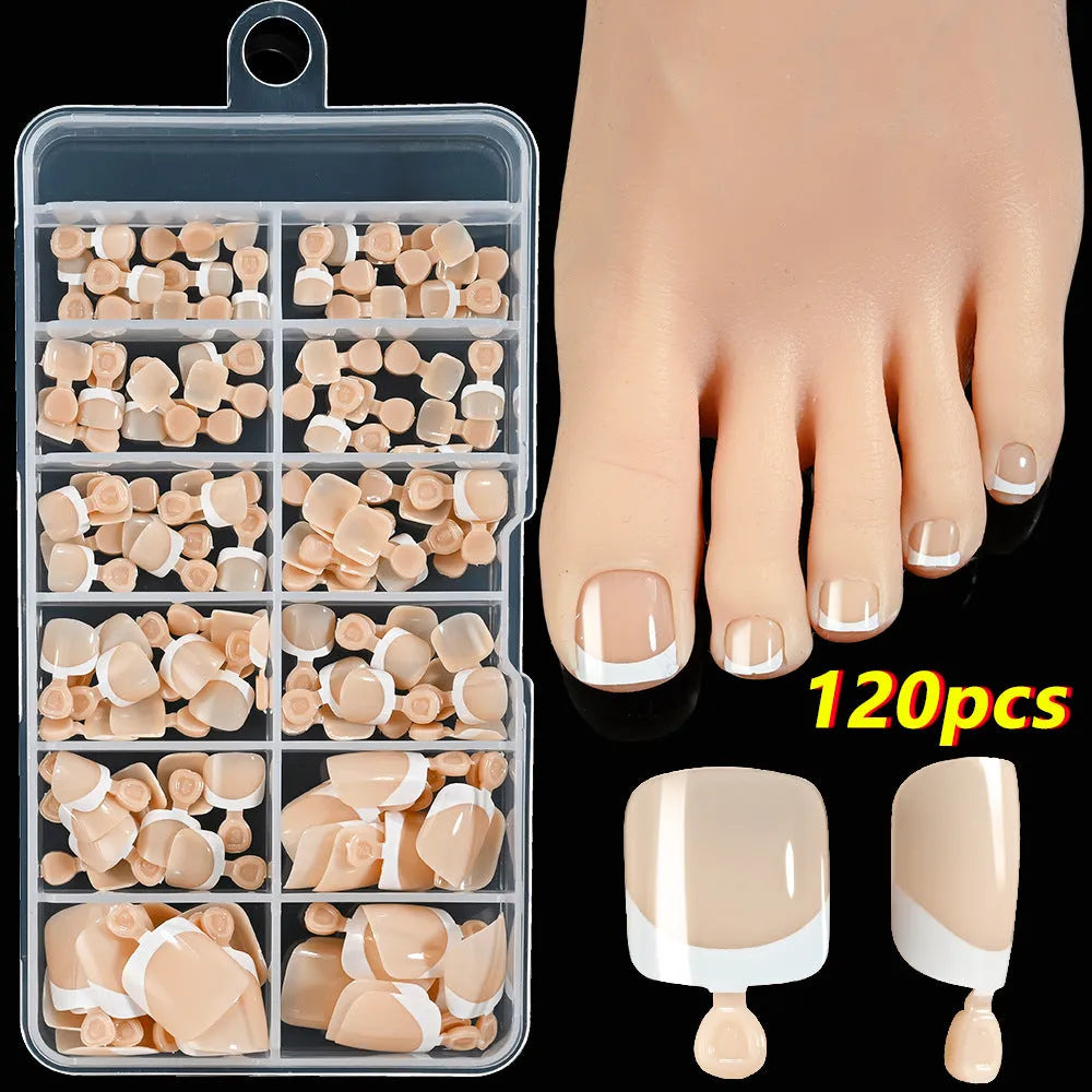 Box of 120 French white edge nude full square short artificial nail pieces showing nine colour shades