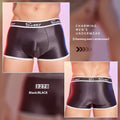 Men's shiny silky nylon boxer underwear in black, white, and sapphire blue colours