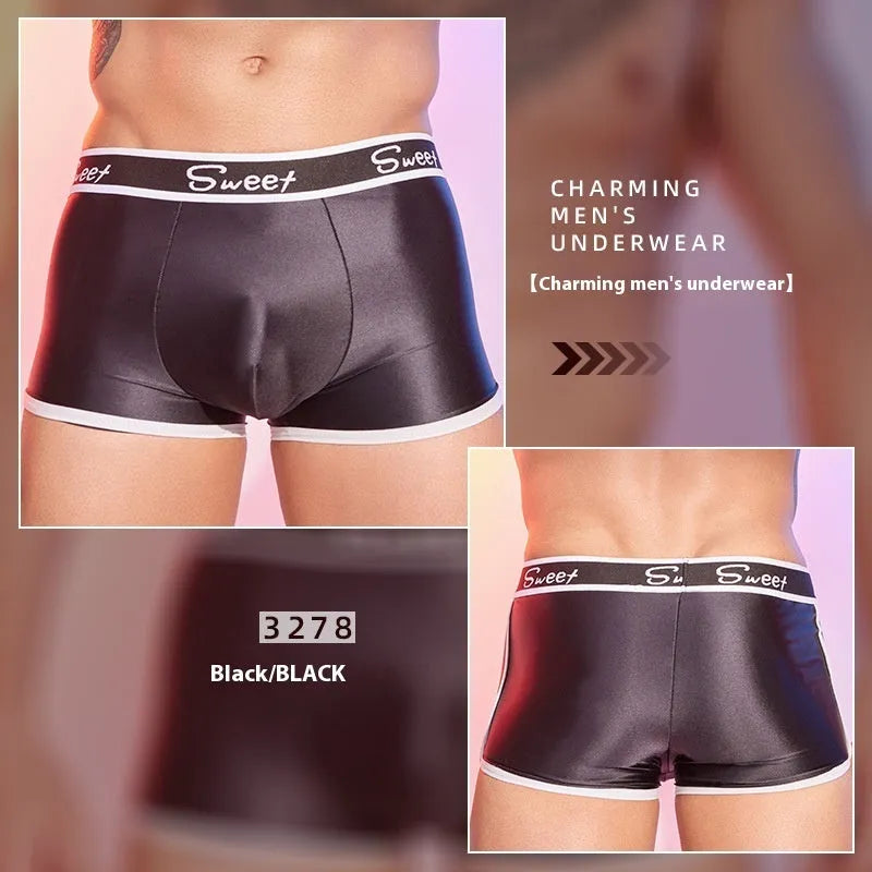 Men's shiny silky nylon boxer underwear in black, white, and sapphire blue colours