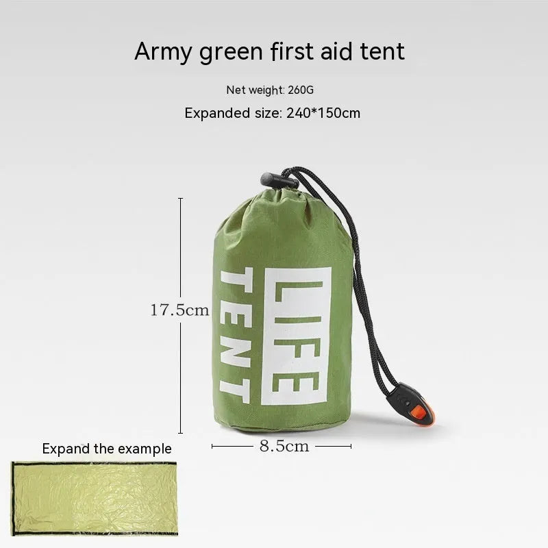 Portable orange disaster relief tent with sleeping bag and emergency blanket for emergency shelter